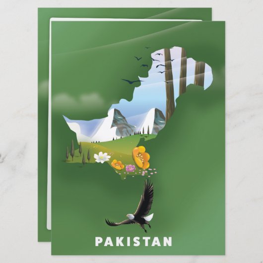 Pakistan illustrierte Reisekarte. Einladung (Vorne/Hinten)