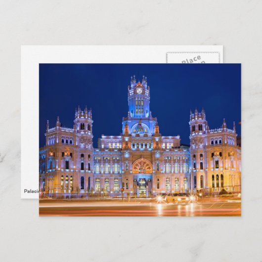 Palacio de Comunicaciones am Abend in Madrid Postkarte (Vorne/Hinten)