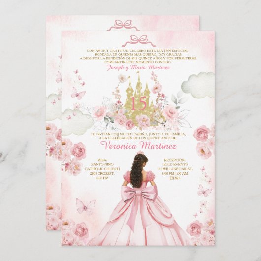 Palast Spanisch Rosa Prinzessin 15 Años Einladung (Vorne/Hinten)