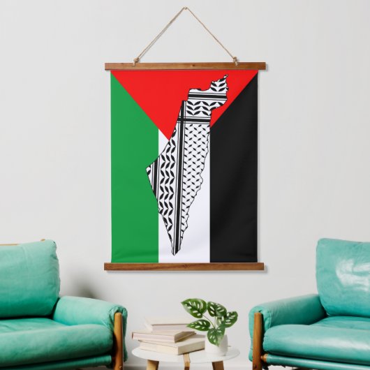 Palästinensische Flagge und Karte mit Keffiyeh-Mus Wandteppich Mit Holzrahmen (Wohnzimmer)