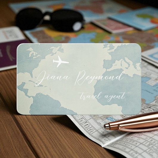 Pale Blue Business Card with World Map and Plane Visitenkarte