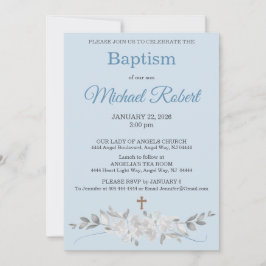 Pale Blue Floral Watercolor Cross Baptism Einladung