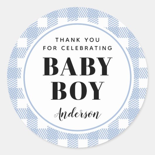 Pale Blue Gingham Kariert Danke, Baby Boy Runder Aufkleber (Vorderseite)