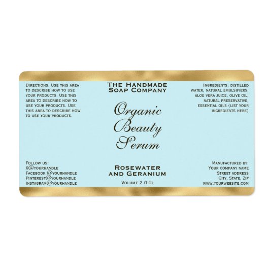 Pale Blue & Gold Cosmetics Dropper Bottle Label (Vorne)
