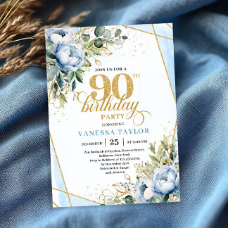 Pale blue gold floral blend fancy 90th birthday  einladung