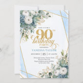 Pale blue gold leaves soft chic 90th birthday einladung (Vorderseite)
