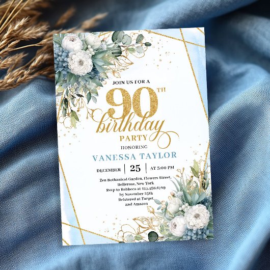 Pale blue gold leaves soft chic 90th birthday  einladung
