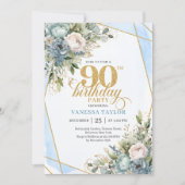 Pale blue gold wreath elegance 90th birthday einladung (Vorderseite)
