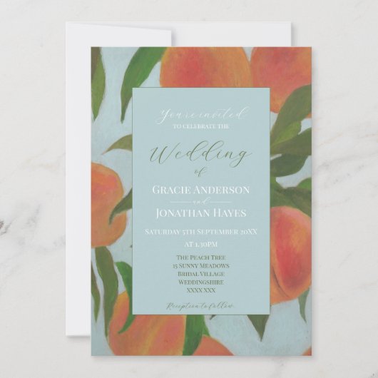 Pale Blue & Peaches Hochzeit Einladung (Vorderseite)