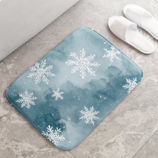 Pale Blue Snowflakes Watercolor Winter Badematte