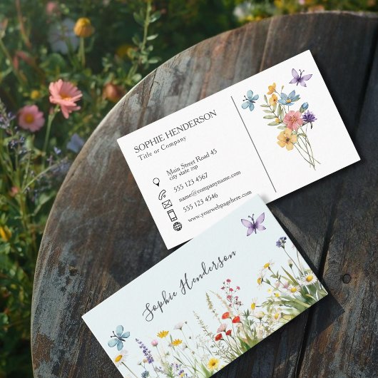 Pale blue White Watercolor Wildflower Visitenkarte