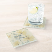 Pale Butter Yellow Soft Blue Floral Wedding Glasuntersetzer (Schrägansicht)