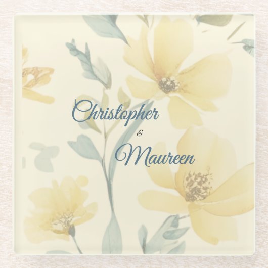 Pale Butter Yellow Soft Blue Floral Wedding Glasuntersetzer (Vorderseite)