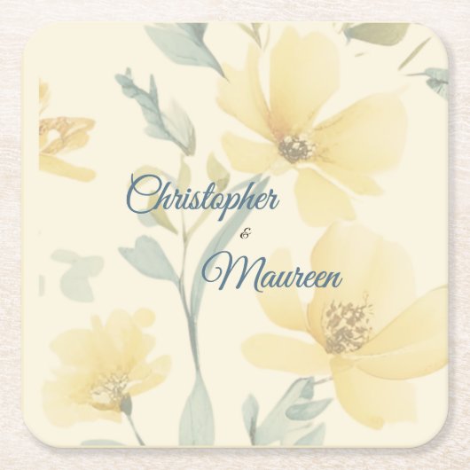 Pale Butter Yellow Soft Blue Floral Wedding Rechteckiger Pappuntersetzer (Vorderseite)