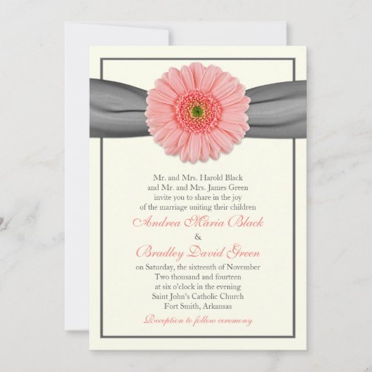 Pale Coral Gerbera Gray Ribbon Wedding Einladung (Vorderseite)