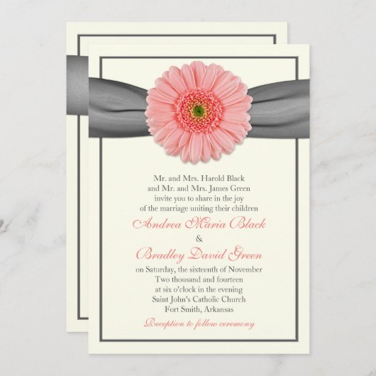 Pale Coral Gerbera Gray Ribbon Wedding Einladung (Vorne/Hinten)