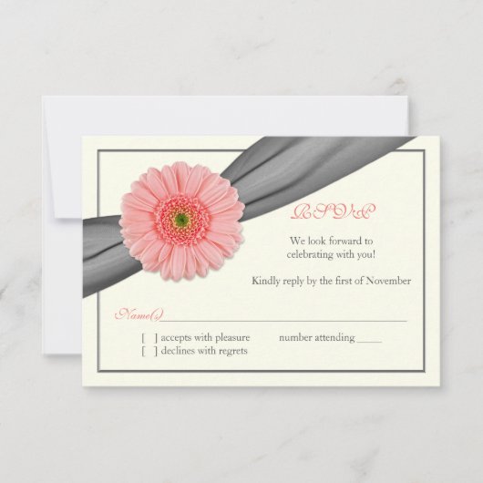 Pale Coral Gerbera Grey Ribbon Wedding Repcard RSVP Karte (Vorderseite)