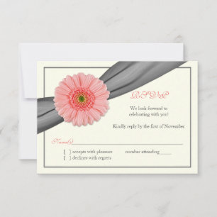 Pale Coral Gerbera Grey Ribbon Wedding Repcard RSVP Karte