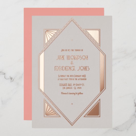 Pale Gray & Rose Gold Gatsby Art Deco Wedding Folieneinladung (Vorderseite/Rückseite)