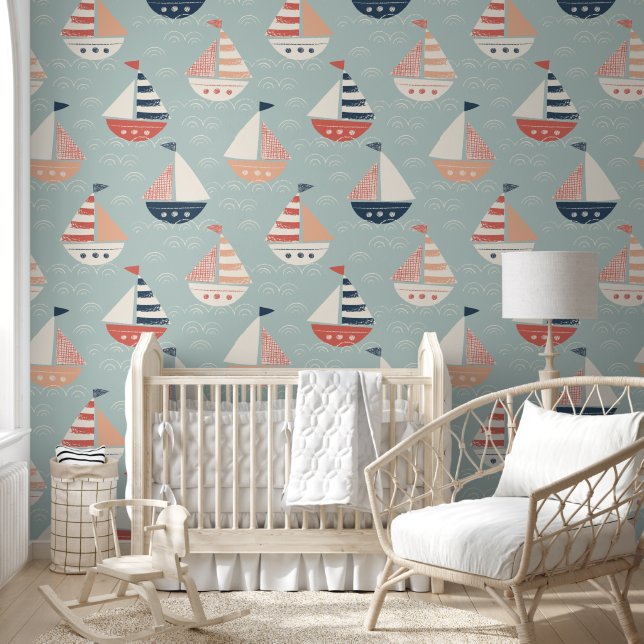 Pale Green Nautical Seamless Pattern Wallpaper Tapete (Kinder)
