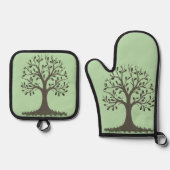 🌳 Pale Green Tree of Life Oven Mitt & Pot Holder Ofenhandschuh & Topflappen-Set (Vorderseite)