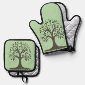 🌳 Pale Green Tree of Life Oven Mitt & Pot Holder Ofenhandschuh & Topflappen-Set (Vorderseite/Rückseite)