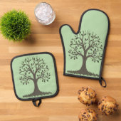 🌳 Pale Green Tree of Life Oven Mitt & Pot Holder Ofenhandschuh & Topflappen-Set (Oben Unten)