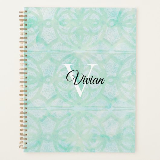 Pale Jade Green Batik Elegant Monogram Name Planer (Vorderseite)
