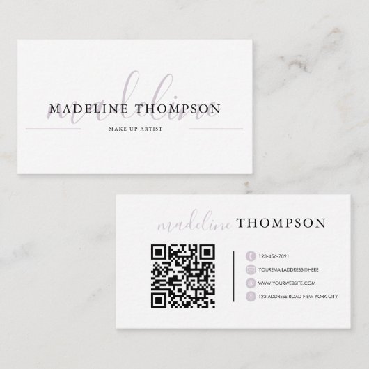 Pale Lavender Calligraphy Script QR-Code Visitenkarte (Vorne/Hinten)