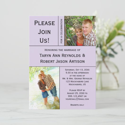 Pale Lavender Foto Block Post Hochzeit Einladung (Stehend Vorderseite)