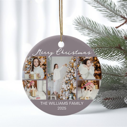 Pale Mauve Merry Christmas Photo Collage 2025 Keramik Ornament