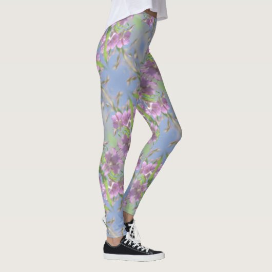 Pale Pastel Blue Sky Wilde Blume Lila Pink Leggings (Rechts)