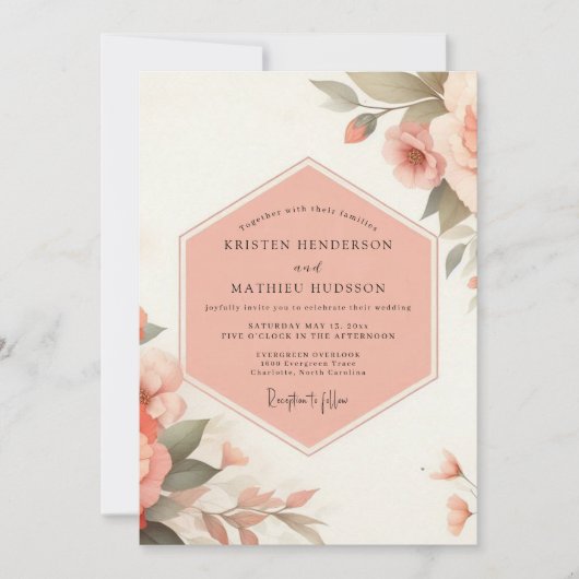 Pale Peach Floral Romance Wedding Einladung (Vorderseite)