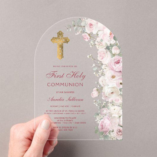 Pale Pink Flowers Arch First Communion Clear Acryleinladungen (Insitu (Handheld))