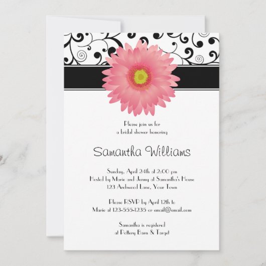 Pale Pink Gerbery Daisy Black Scroll Brautparty Einladung (Vorderseite)