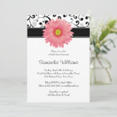 Pale Pink Gerbery Daisy Black Scroll Brautparty Einladung (Stehend Vorderseite)