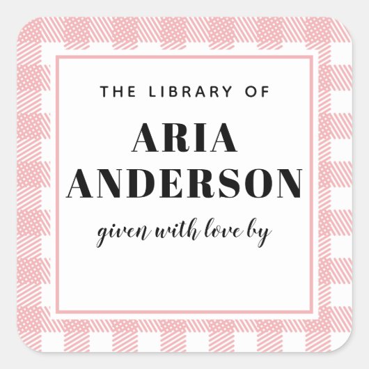 Pale Pink Gingham Kariert Baby Boy Book Plate Quadratischer Aufkleber (Vorderseite)