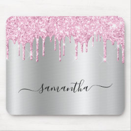 Pale Pink Glitter Drips Silver Shimmer Mousepad