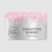 Pale Pink Glitter Drips Silver Shimmer Namensschild (Vorderseite)