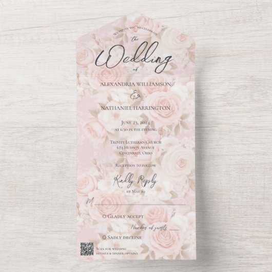 Pale Pink Rose Bouquet QR-Code All In One Einladung (Innen Boden)