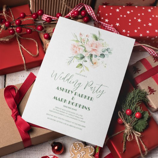 Pale Pink Roses Bouquet Wedding Party Einladung