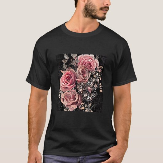Pale Pink Roses with Delicate Vines Rustic Floral T-Shirt (Vorderseite)