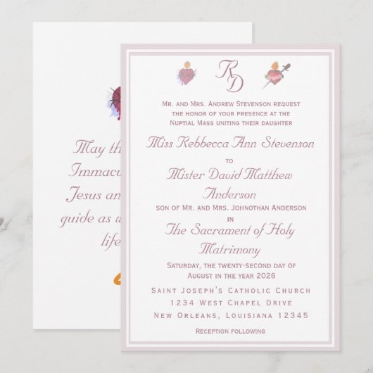 Pale PinkTwo Hearts Catholic Wedding Invitation Einladung (Vorne/Hinten)