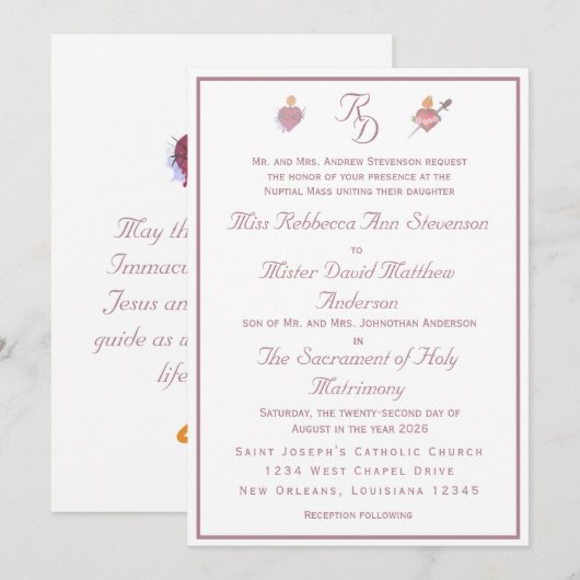 Pale PinkTwo Hearts Catholic Wedding Invitation Einladung (Vorne/Hinten)