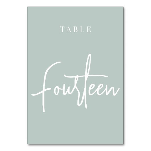 Pale Sage Green Hand Skripte VIERZEHN Tischnummer (Rückseite)