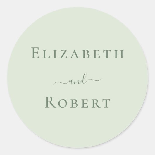 Pale Sage Green Minimalistischen Couple Names Wedd Runder Aufkleber (Vorderseite)