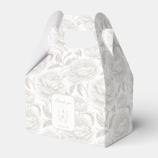 Pale Taupe Monogram Wappen Chinoiserie Peonies Geschenkschachtel (Vorderseite)