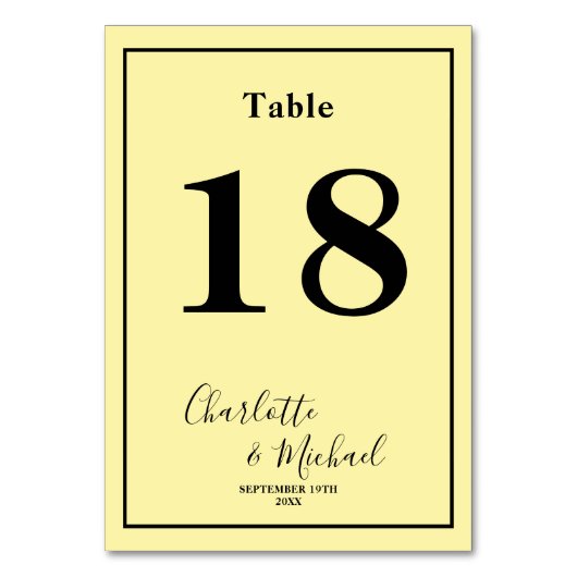Pale Yellow Script Minimalist Wedding Tischnummer (Vorderseite)