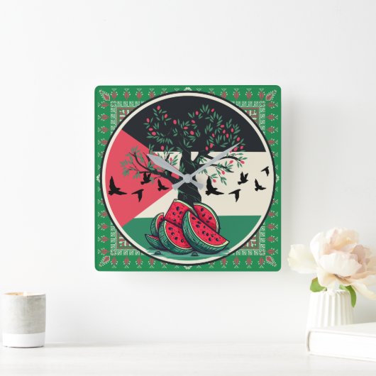 Palestinenkultur | Wassermelone Palestine, Oliven  Quadratische Wanduhr (Zuhause)