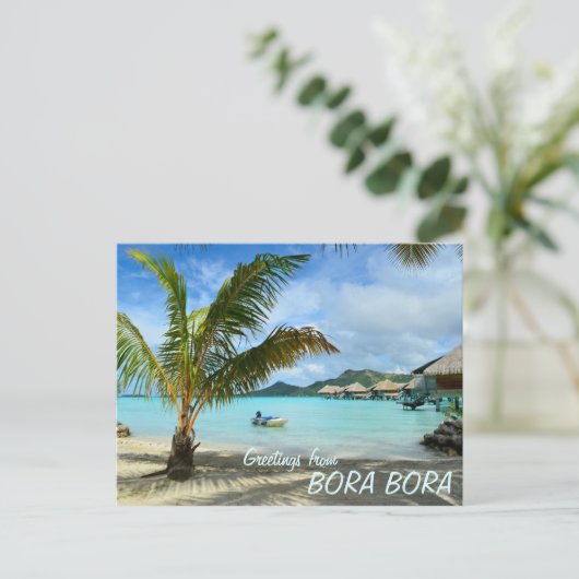 Palm-Baum und Überwasser-Resort Text Postkarte (Stehend Vorderseite)